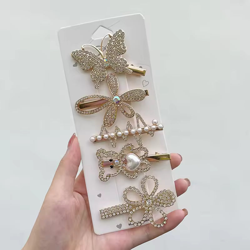 Korean Full Crystal Alloy Hair Clip Bling Pearl Beads Hairpin