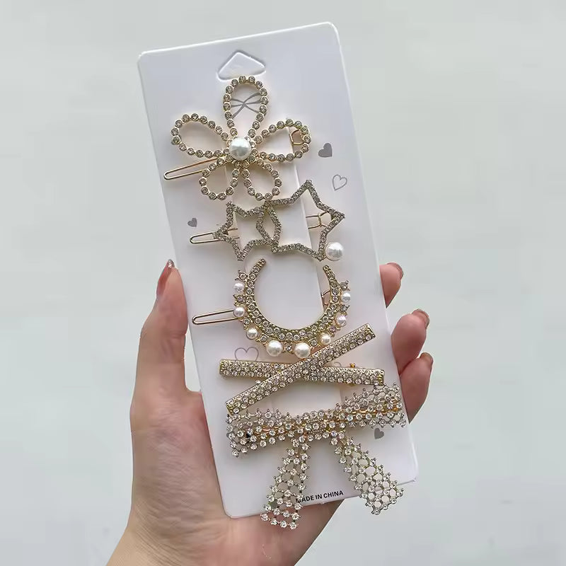 Korean Full Crystal Alloy Hair Clip Bling Pearl Beads Hairpin