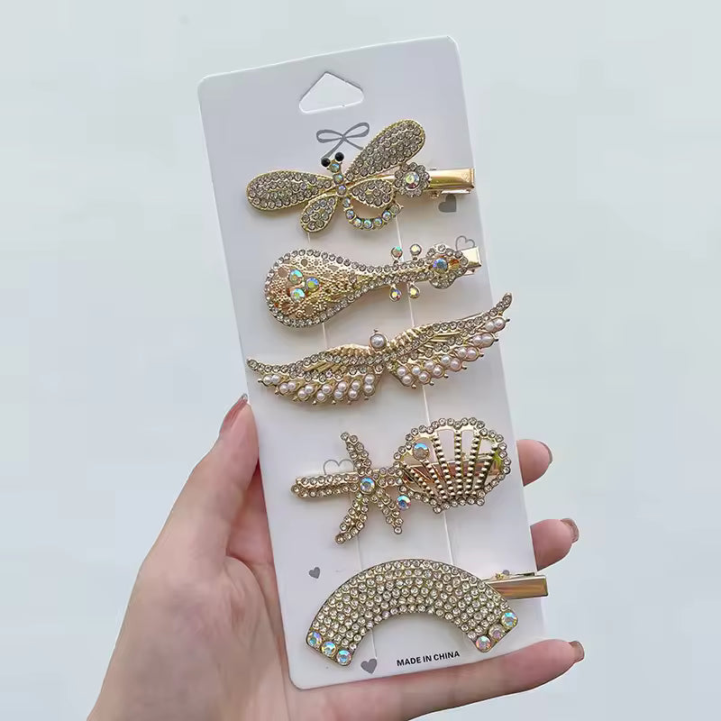 Korean Full Crystal Alloy Hair Clip Bling Pearl Beads Hairpin