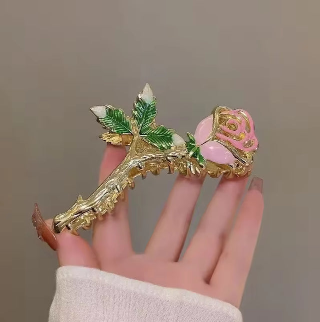 Romantic Pink Rose Flower Hair Claw