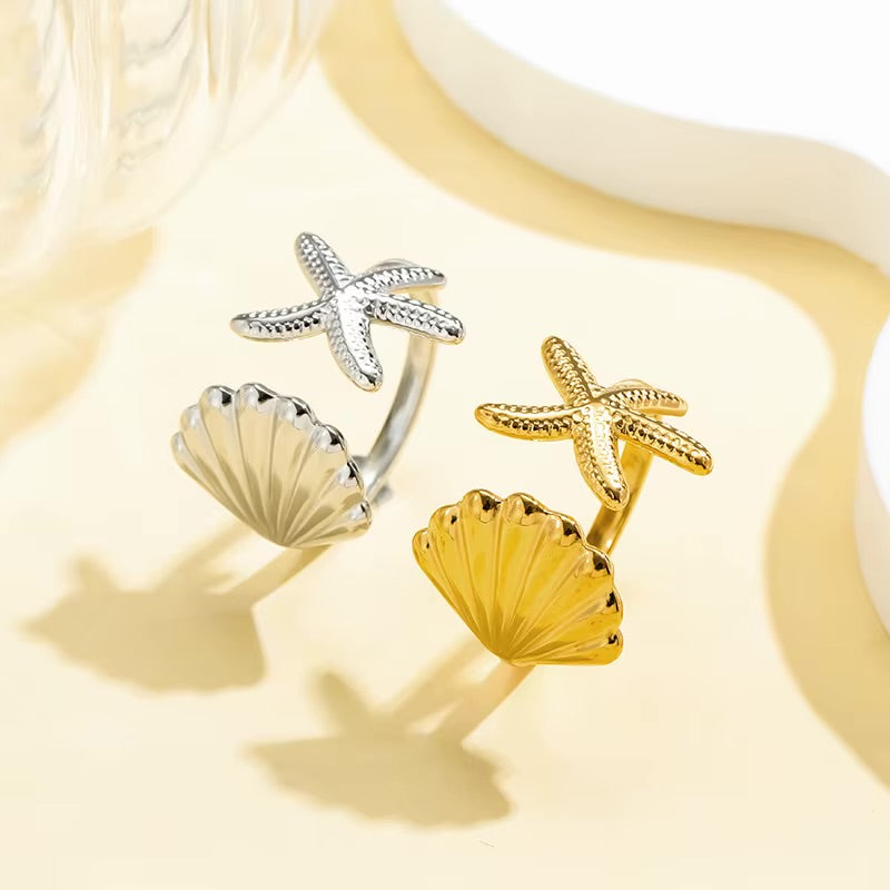 18K Gold Plated Shell and Starfish Adjustable Rings for Girls Stainless Steel Geometric Ring