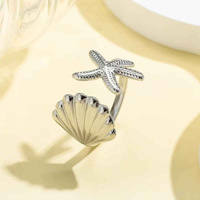 18K Gold Plated Shell and Starfish Adjustable Rings for Girls Stainless Steel Geometric Ring