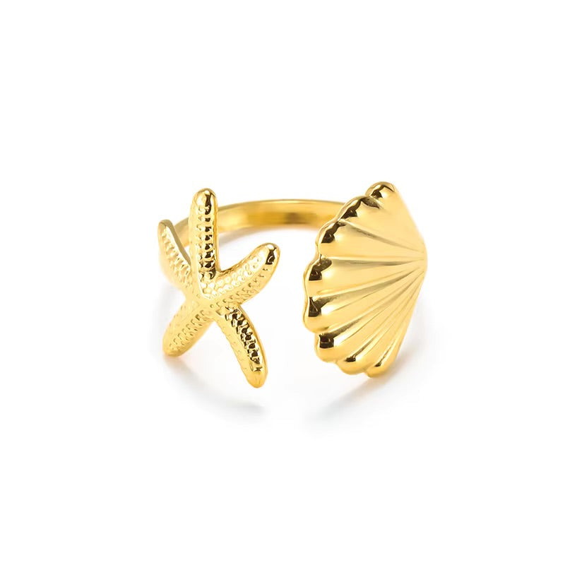 18K Gold Plated Shell and Starfish Adjustable Rings for Girls Stainless Steel Geometric Ring