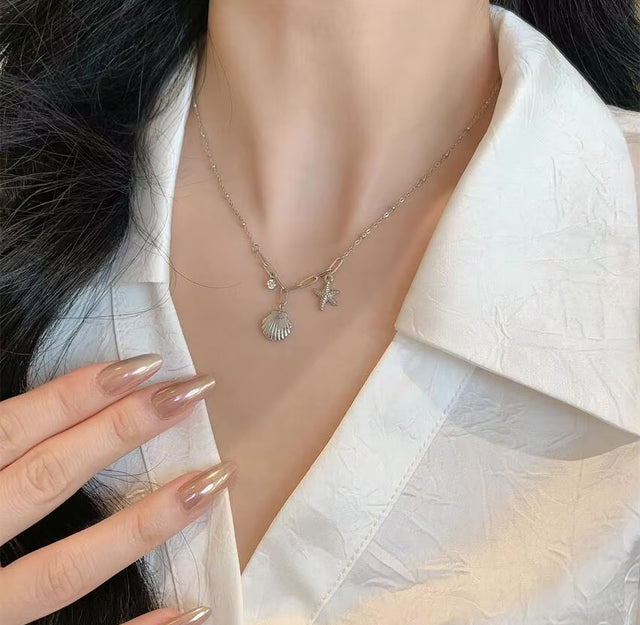18K Gold Plated Stainless Steel Necklace Zircon Starfish Shell Necklace
