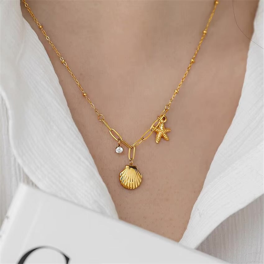 18K Gold Plated Stainless Steel Necklace Zircon Starfish Shell Necklace