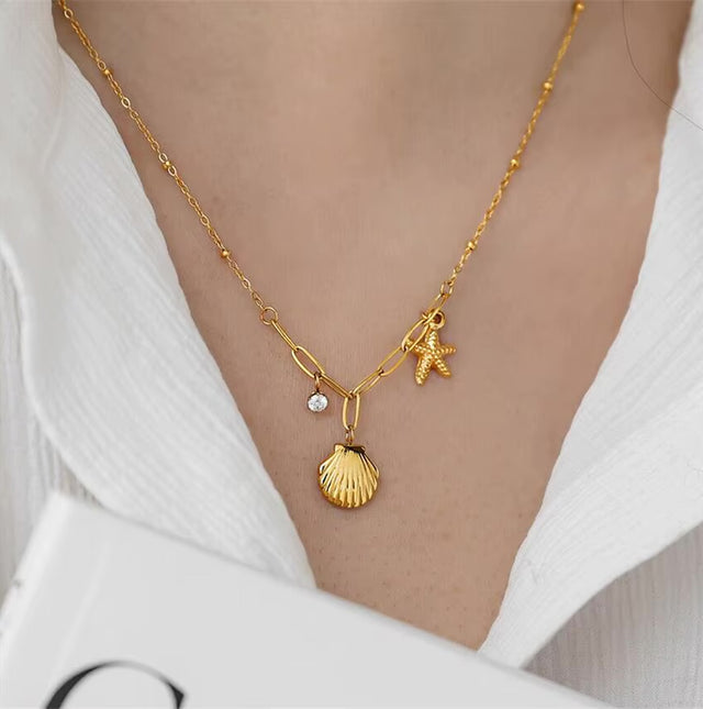 18K Gold Plated Stainless Steel Necklace Zircon Starfish Shell Necklace