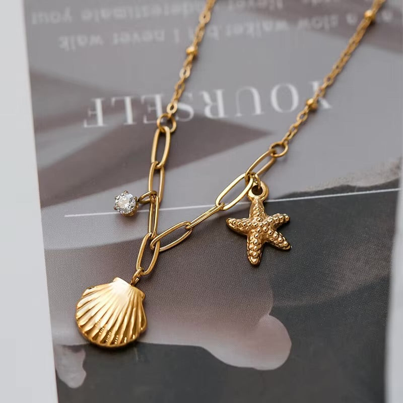 18K Gold Plated Stainless Steel Necklace Zircon Starfish Shell Necklace