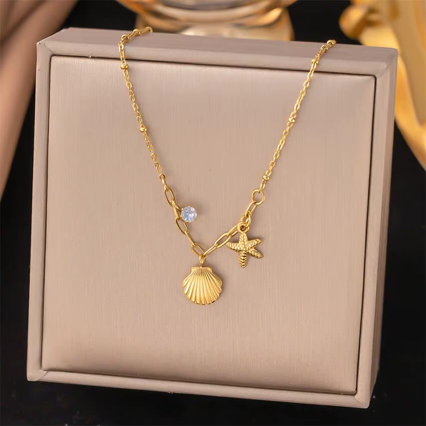 18K Gold Plated Stainless Steel Necklace Zircon Starfish Shell Necklace