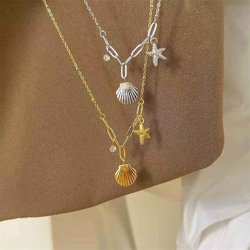 18K Gold Plated Stainless Steel Necklace Zircon Starfish Shell Necklace