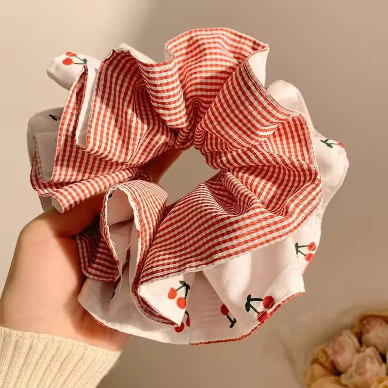 Gingham Cherry Print Scrunchies